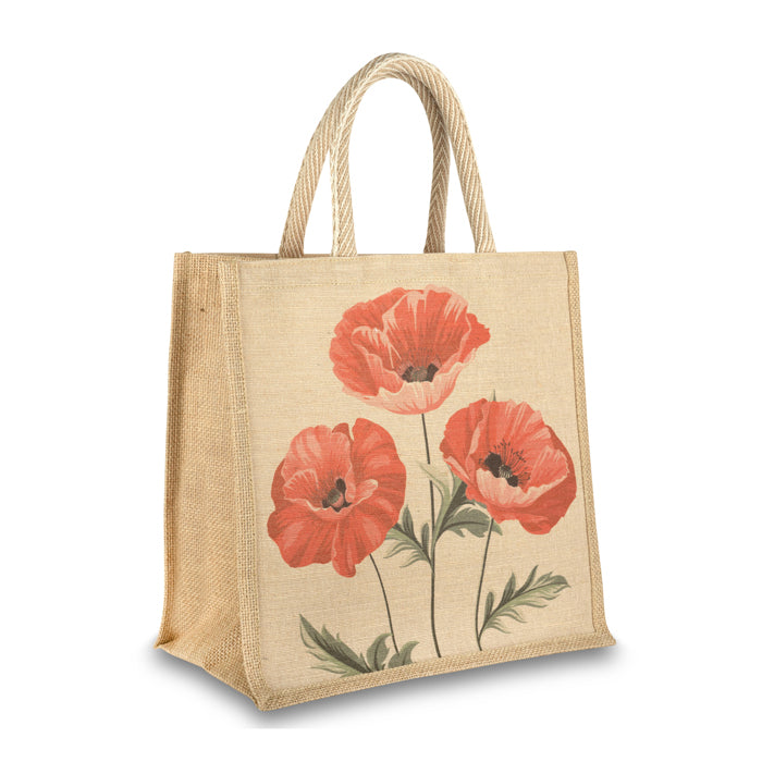 Three Poppy Spray Medium Jute Bag Poppy Shop UK