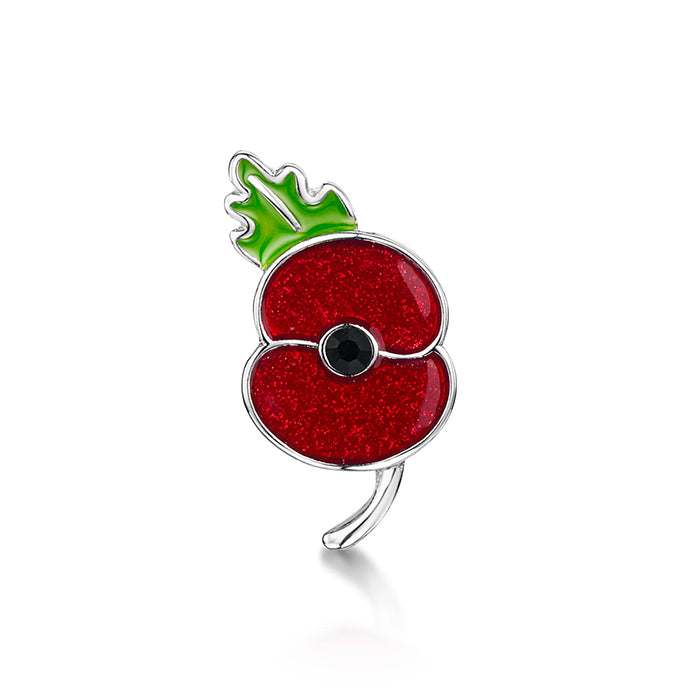 Glitter Poppy Lapel Pin with Jet Swarovski Poppy Shop UK