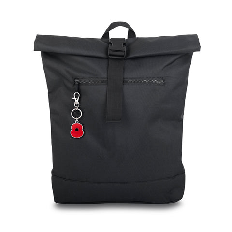 Black Roll-Top Backpack with Poppy Keyring