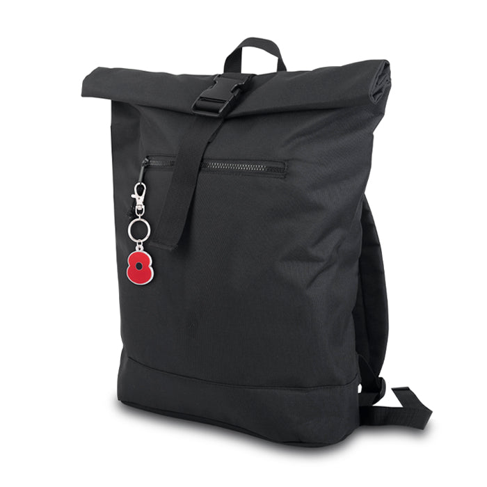 Black Roll-Top Backpack with Poppy Keyring