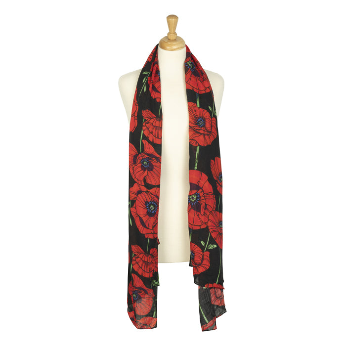 Vintage Poppies Viscose Black Scarf