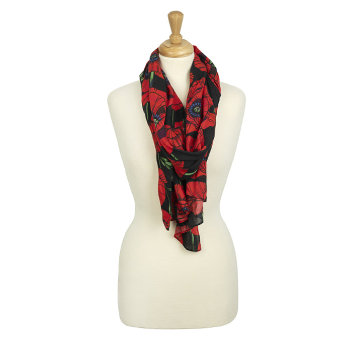 Vintage Poppies Viscose Black Scarf