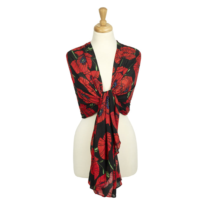 Vintage Poppies Viscose Black Scarf