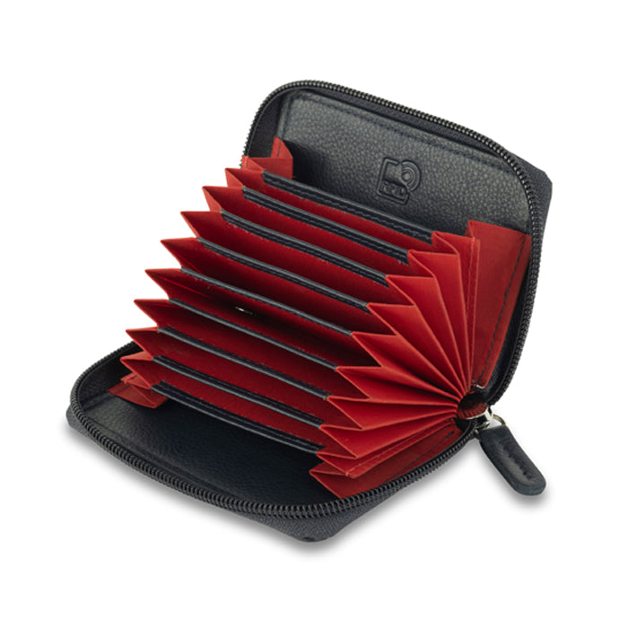 Blue Concertina Leather Card Case with Debossed Poppy