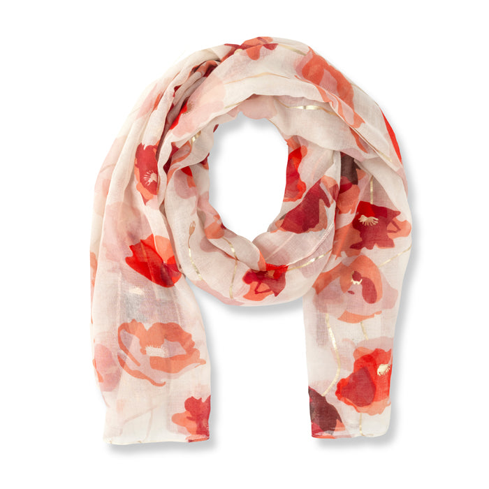 Watercolour Poppies Foil Cream Lightweight Scarf