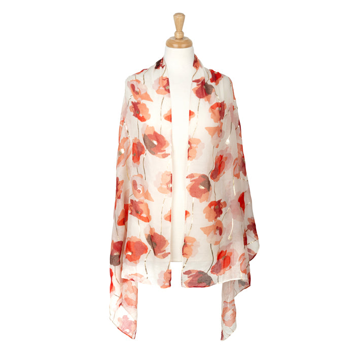 Watercolour Poppies Foil Cream Lightweight Scarf