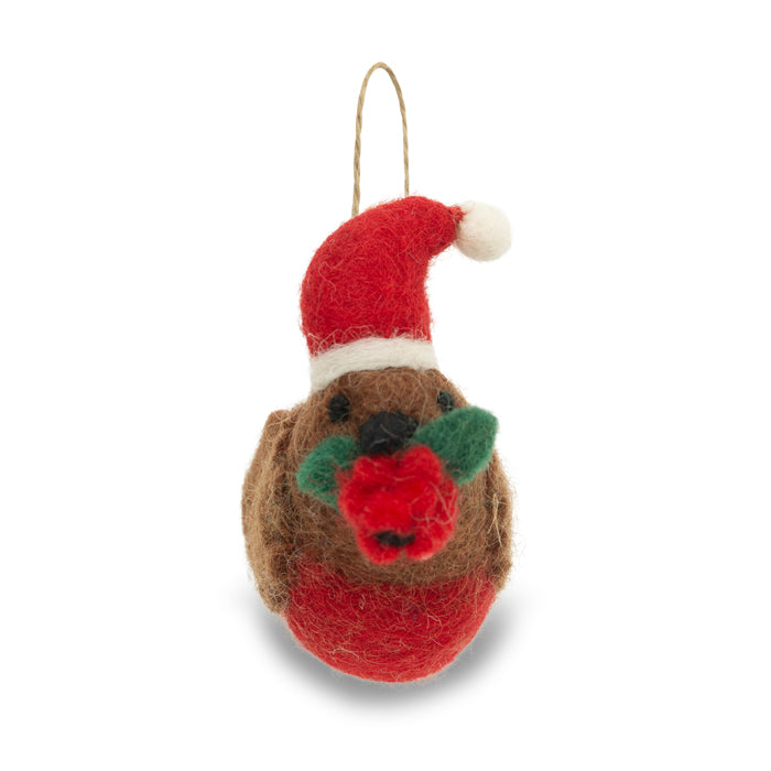 Robin in Santa Hat with Poppy Felt Christmas Decoration