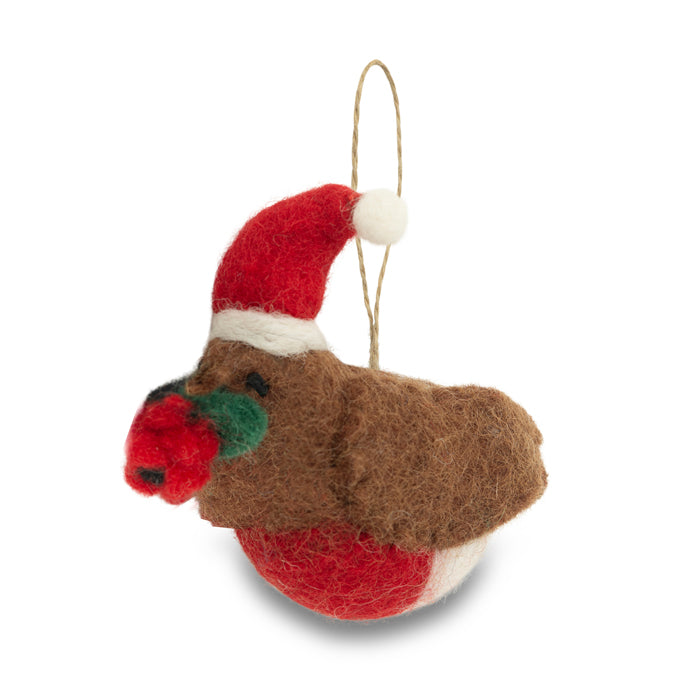 Robin in Santa Hat with Poppy Felt Christmas Decoration