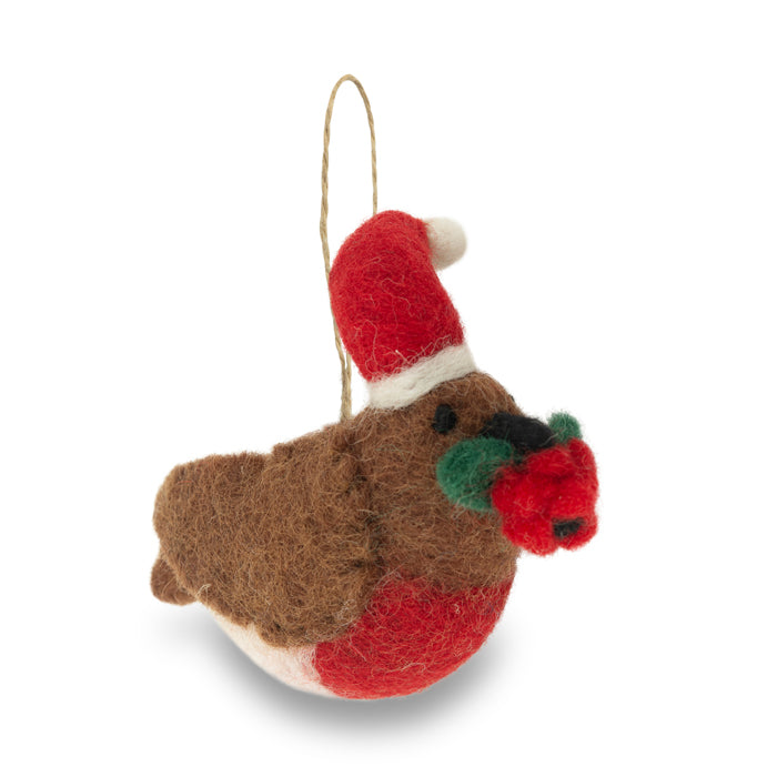 Robin in Santa Hat with Poppy Felt Christmas Decoration