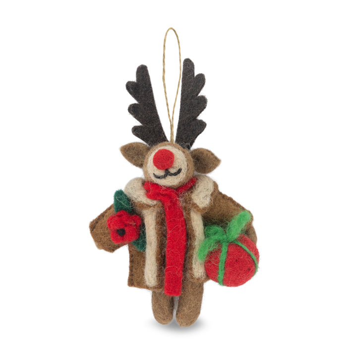 Aviator Rudolph with Present & Poppy Felt Christmas Decoration