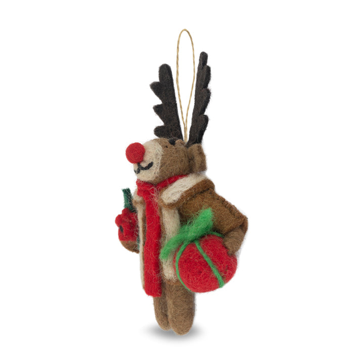 Aviator Rudolph with Present & Poppy Felt Christmas Decoration