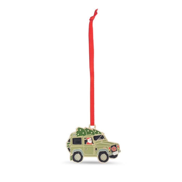 Santa in a Jeep Enamel Christmas Decoration