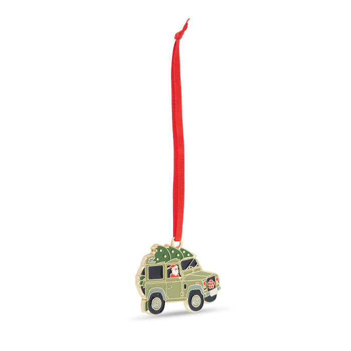 Santa in a Jeep Enamel Christmas Decoration