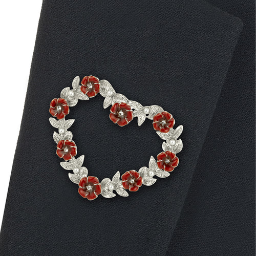 Silver and Pearl Poppy Heart Wreath Brooch