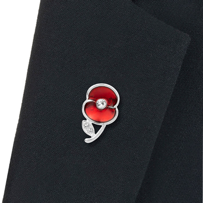 Crystal Leaf Silver Tone Poppy Pin
