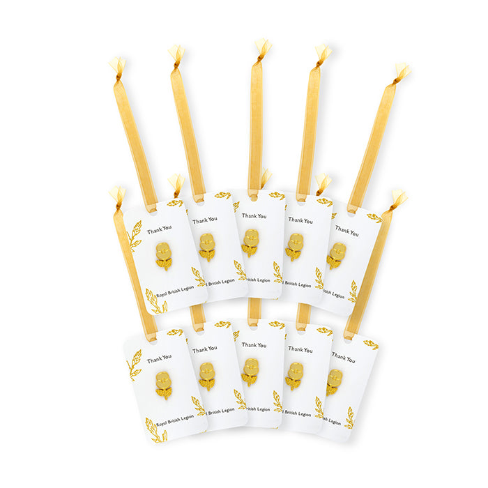Poppy with Stem Gold Pin Badge Favours - Pack of 10