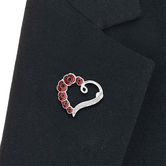 Multi Poppy and Crystal Heart Brooch