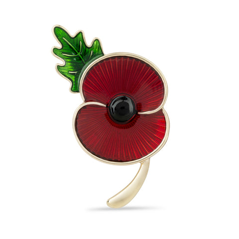 Flanders Field Poppy with Stem & Leaf Brooch