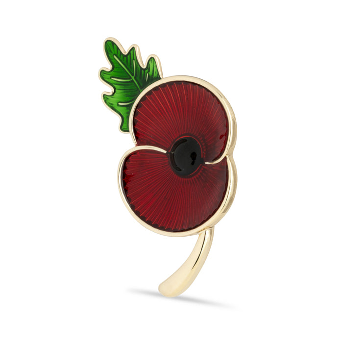 Flanders Field Poppy with Stem & Leaf Brooch
