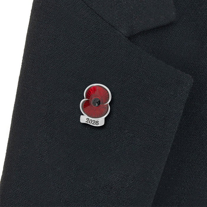 2026 Dated Poppy Lapel Pin in Silver Tone on Lapel