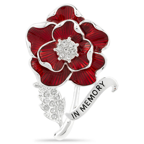 In Memory Scroll Crystal Leaf Poppy Brooch