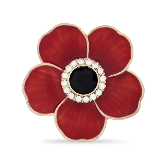 Five Petal Poppy with Jet & Crystal Centre Brooch