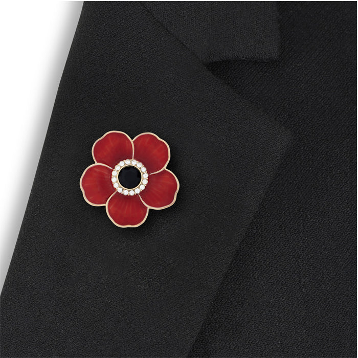 Five Petal Poppy with Jet & Crystal Centre Brooch
