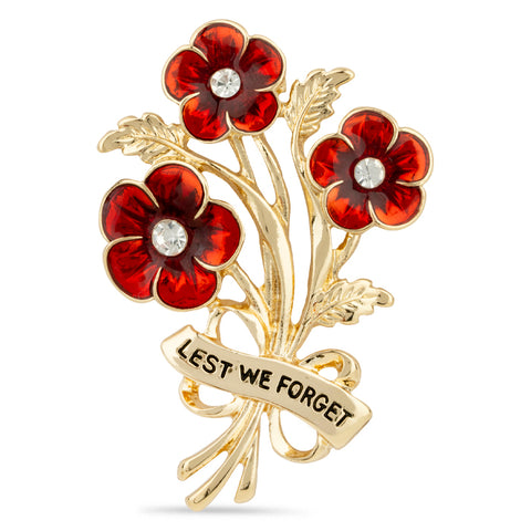 Lest We Forget Triple Poppy Crystal Centre Brooch