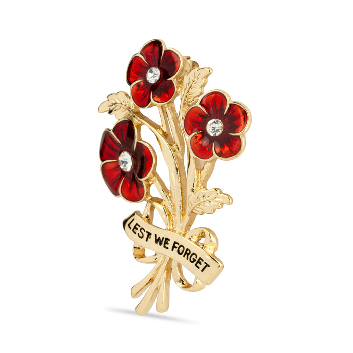 Lest We Forget Triple Poppy Crystal Centre Brooch