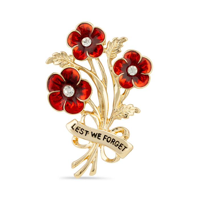 Lest We Forget Triple Poppy Crystal Centre Brooch