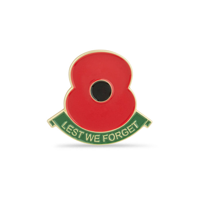 Lest We Forget Green Scroll Poppy Lapel Pin