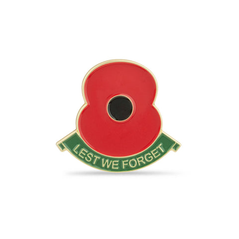 Lest We Forget Green Scroll Poppy Lapel Pin