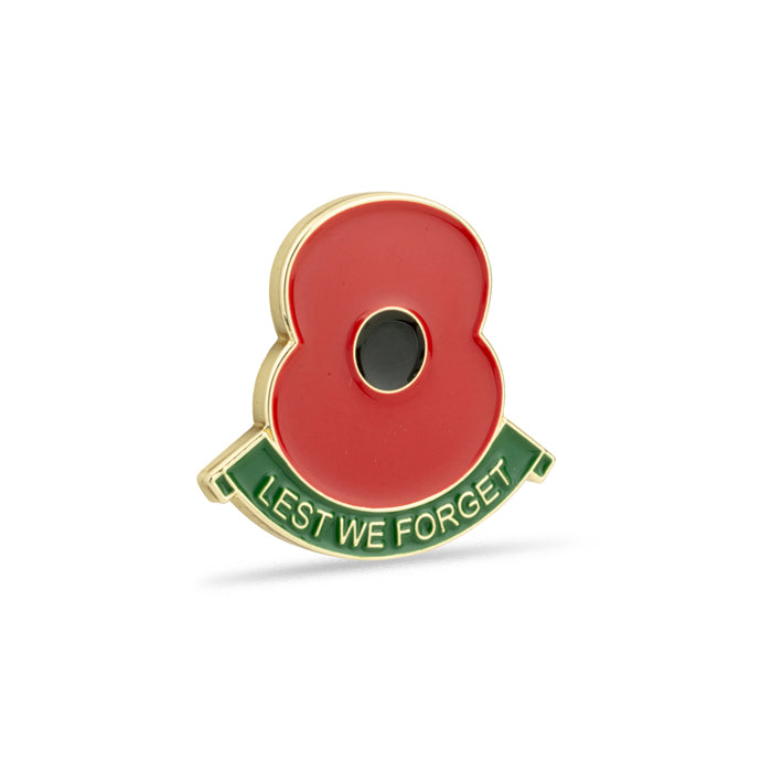Lest We Forget Green Scroll Poppy Lapel Pin