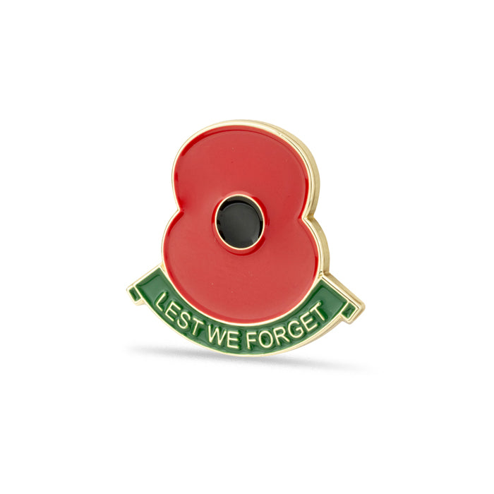 Lest We Forget Green Scroll Poppy Lapel Pin