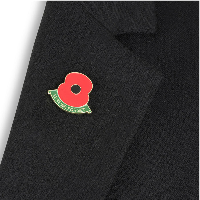 Lest We Forget Green Scroll Poppy Lapel Pin