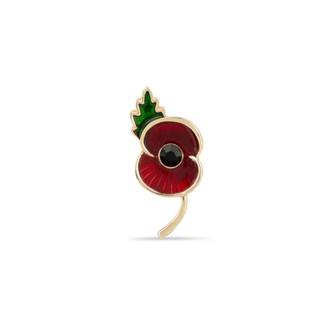 Flanders Field Poppy Jet Centre with Leaf Pin