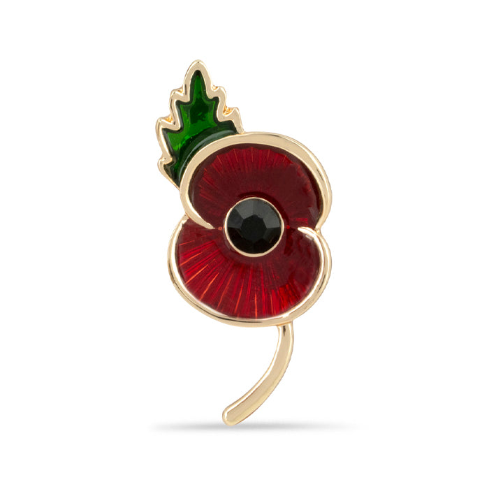Flanders Field Poppy Jet Centre with Leaf Pin