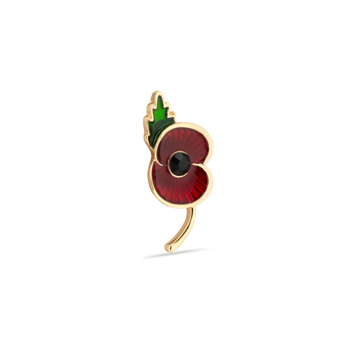 Flanders Field Poppy Jet Centre with Leaf Pin