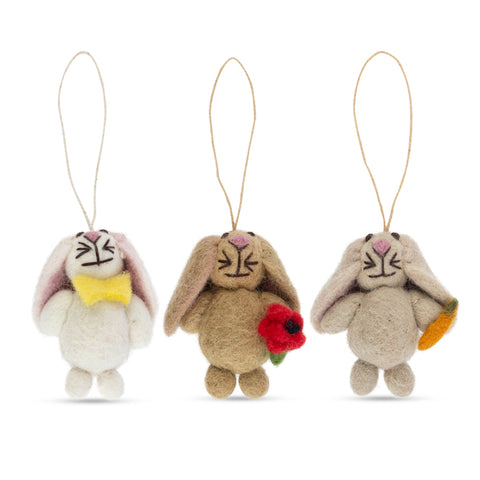 Mini Felt Bunnies with Poppy Decoration - Set of 3